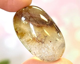 Garden Quartz Lodolite Crystal Lens from Brazil - Natural Gemstone Tumbled Palm Stone - Root Chakra Meditation Gift