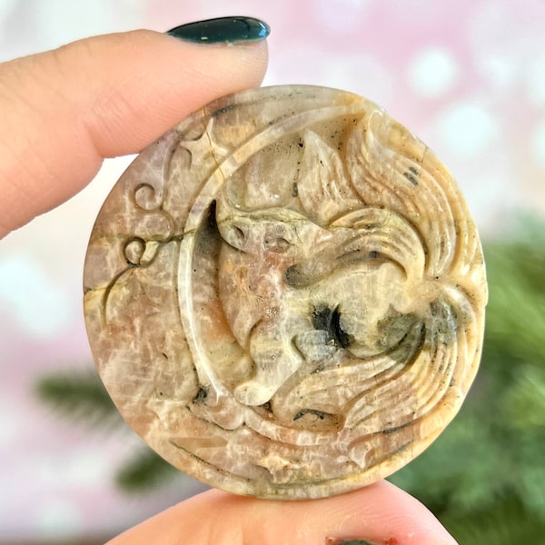 Kitsune Fox on Celtic Crescent Moon - Belomorite Crystal Sunstone in Moonstone - Carved Stone Cabochon for June Birthstone Gift