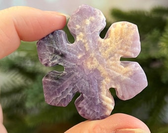 Snowflake Crystal Carved Stone Cabochon - Lepidolite in Pink Opal - Natural Gemstone Home Altar Decor