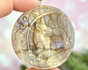 Kitsune Fox on Celtic Crescent Moon - Belomorite Crystal Carved Stone Cabochon - June Birthstone Japanese Mythology Gift