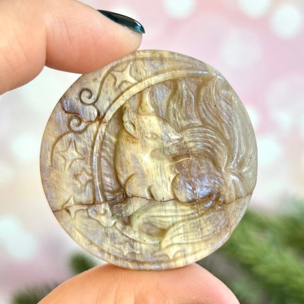 Kitsune Fox on Celtic Crescent Moon - Belomorite Crystal Carved Stone Cabochon - June Birthstone Japanese Mythology Gift