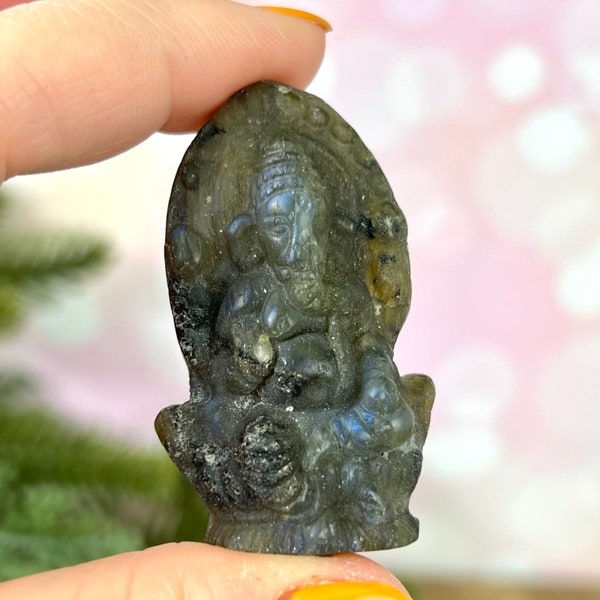 Lord Ganesha Crystal Talisman - Labradorite Gemstone Carved Stone Cabochon - Elephant God Ganesh