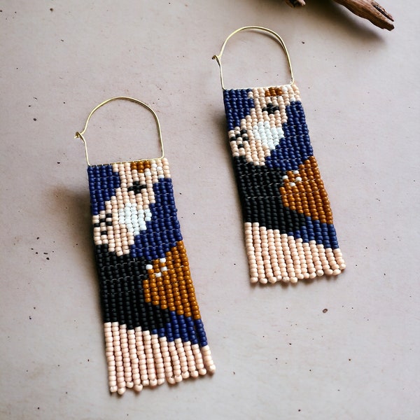 Abby. Abstract Pink Blue and Black Beaded Fringe Woven Seed Bead Earrings on Brass Arch Hoops