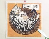 Lazy Cat poster 12x12in-cats gift-cats gift-art print-cat-cats-prints-poster-printmaking-woodcut-reproduction-calligraphy-calico cat-tabby