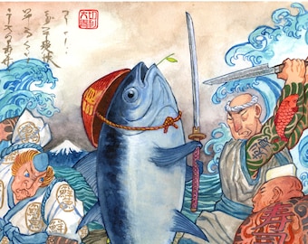 マグロ浪人_マグロ_魚_魚の絵_魚の絵画_シェフ_サムライ_浪人_剣_日本_
