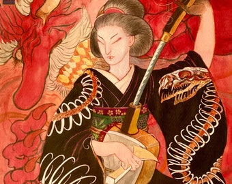 Tempura_Poster_print_art_artprint_illustration_original_watercolor_gouache_inking_japanese_shamisen_geisha_tengu_assassin_kimono_asian