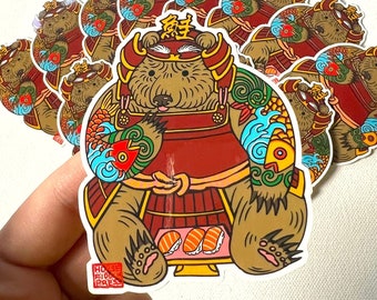 Shogun_Bear_Salmon_Lover_Vinyl_Sticker_bearart_beardrawing_bearlover_shogunbear_sushi_sushiart_samuraibear_samurai_tattoo_tattooedbear