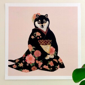 shiba inu Geisha 12 x 12 pollici-poster-kimino-illustrazione-giapponese-shiba inu-cane-akita-stampa cane-regalo cani-giappone-sakura-acquerello