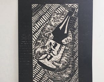 First Drunk Cat Poster-cat poster-poster-woodcut-printmaking-print-digital print-cat-japanese printmaking-japan-i am cat-cat gift-cat print