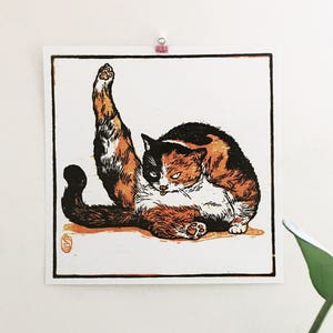 Arrogant Cat Poster-calico cat poster-calico cat-cat poster-cat prints-cat-cat illustration-woodcut-printmaking-digital print-cat of the day