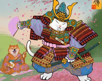 Shogun_Cat'_Dance_cats_catlover_catart_original_art_poster_japanese_culture_samurai_armour_dance_shibainu_dog_dogart_shamisen_calligraphy