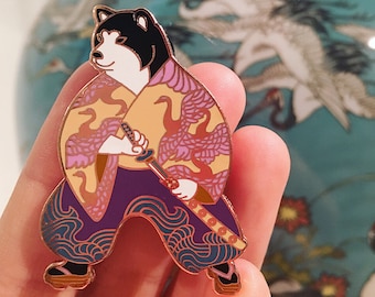 Black shiba samurai pin-shiba pin-horse fiddle press-enamel pin-shiba inu-shiba-samurai-black shiba-japanese-japan-lapel pin-pin game-kimono
