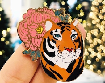 Tiger and peonies enamel pin_tiger_horsefiddlepress_illustration_tiger_big cat_cat_flower_small brand_hard enamel pin_Christmas gift_derpy