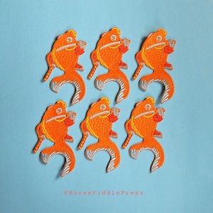 Gold Fish Iron on Patch_patch_gold fish_koi_samurai_sword_enamel pin_ whimsical_horse fiddle press_fashion_ootd_clothing_illustration_art
