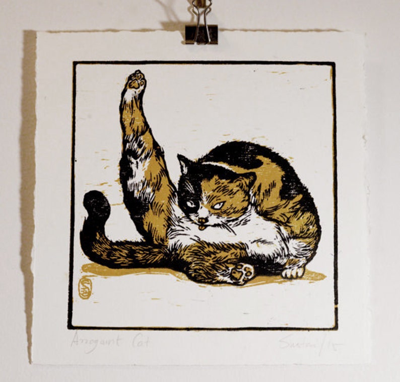 2 panels original woodcut print Arrogant Cat image 2