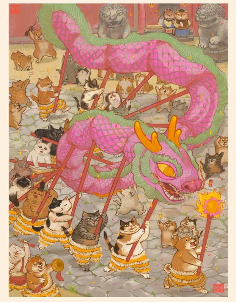 Dragon_Dance_Lunar_new_year_loong_shiba_inu_cat_fatcat_culture_asian_art_original_illustration_dragondance_festival_dog_catlover_doglover image 1