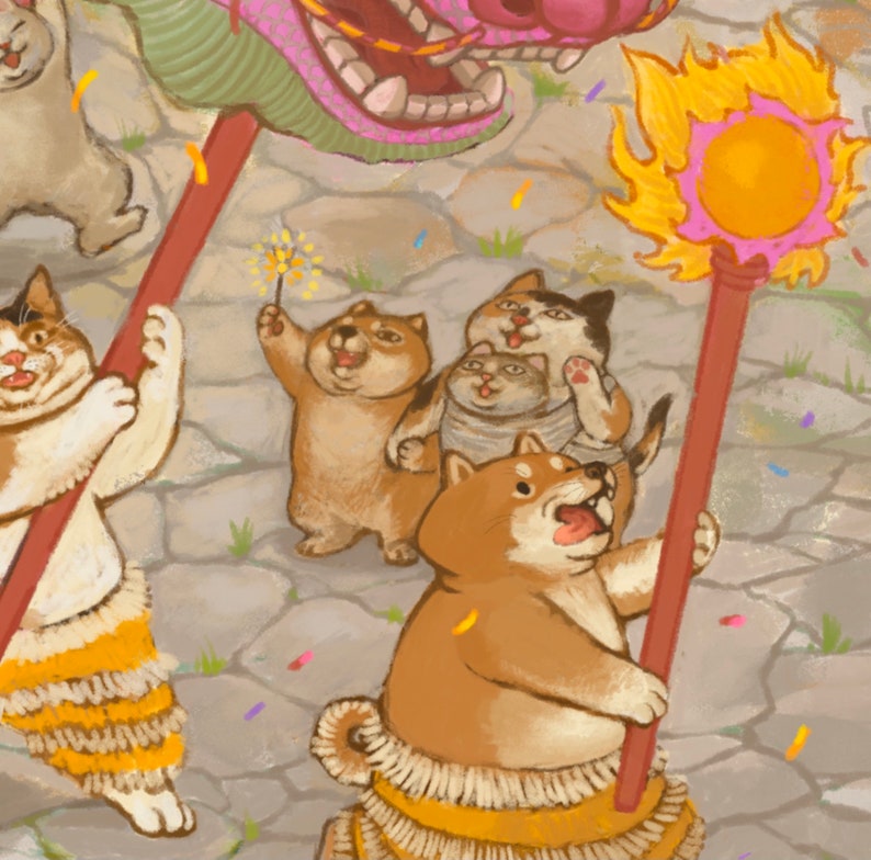 Dragon_Dance_Lunar_new_year_loong_shiba_inu_cat_fatcat_culture_asian_art_original_illustration_dragondance_festival_dog_catlover_doglover image 2