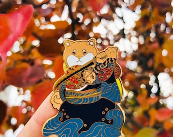 Shiba yakuza com broche de esmalte para tatuagem de crisântemo_shiba inu_kawaii_cachorro_cavalo_fiddle press_tatuagem_yakuza_kimono_samurai_japonês_gueixa