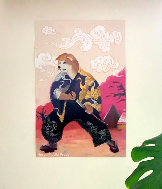 秋田サムライポスター12x18インチ-柴犬-秋田犬-犬のギフト-かわいい
