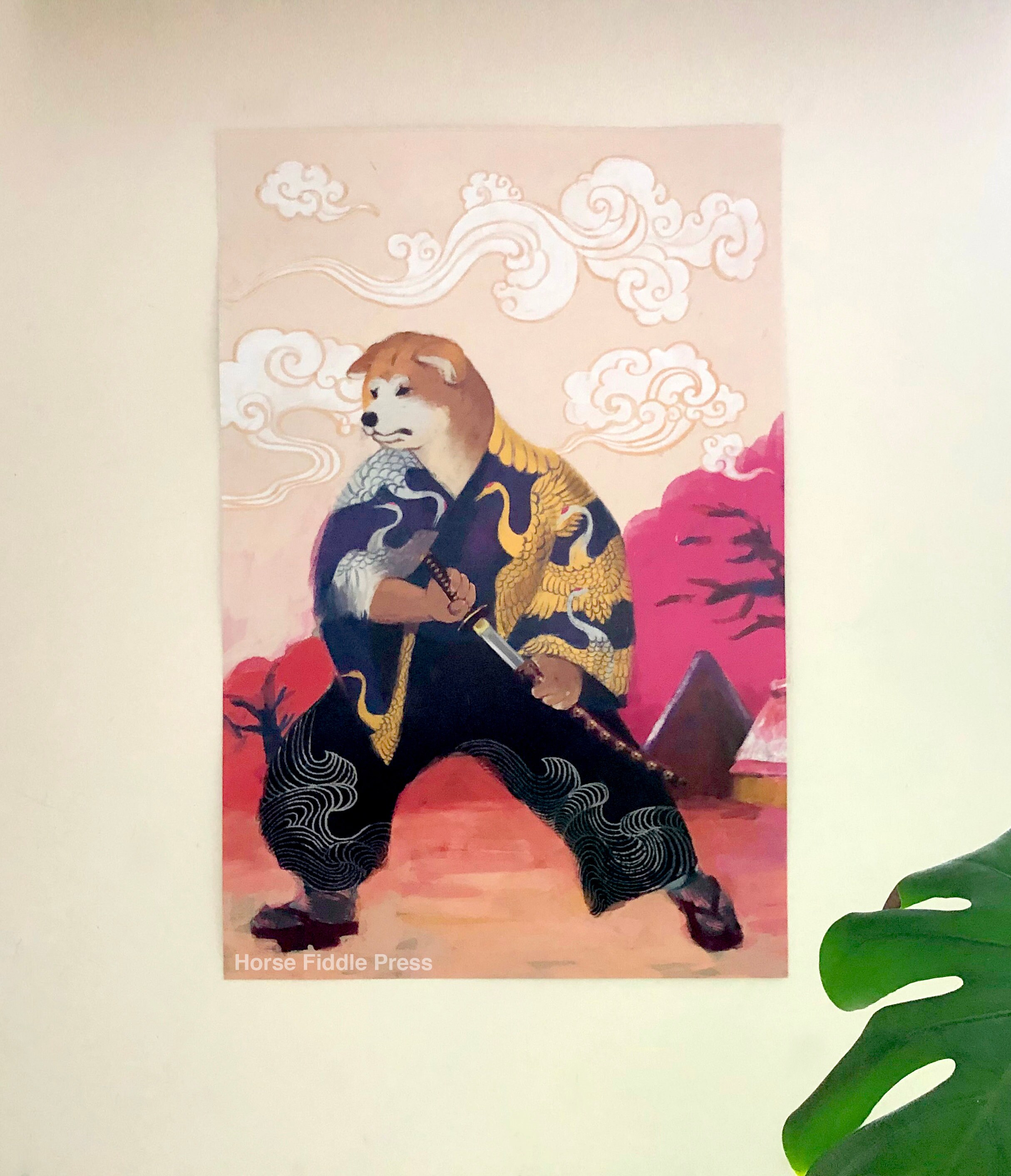 Akita samurai Poster12x18in-shiba inu-akita-dogs gift-kawaii-kimono-dog poster-crane-pattern-dog illustration-japanese poster-japan prints