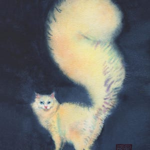 May include: A watercolor painting of a fluffy white cat with blue eyes and a very large, arched tail against a dark blue background. The cat has soft, textured fur with subtle yellow and pink highlights. The text HORSE FIDDLE PRESS is in the corner.