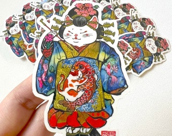 Oiran_Geisha_Cat_Vinyl_Sticker_catart_catlover_catdrawing_original_kimono_japanese_culture_fatcat_tattoo_tattooedcat_asian_asianart