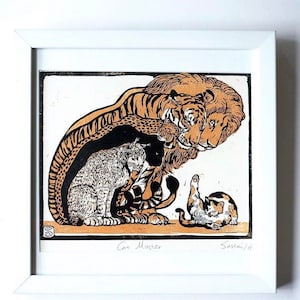 Cat master original woodcut handprinted print preorder