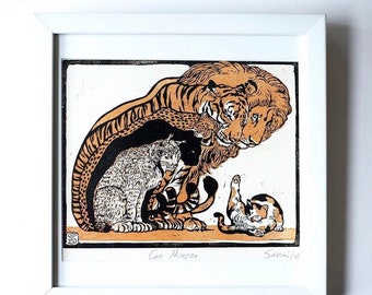 Cat master original woodcut handprinted print preorder