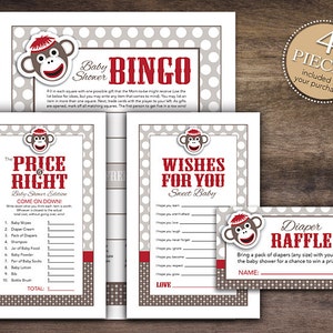 Instant Download Sock Monkey Theme Baby Shower Games Pack, Printable Gender Neutral Bingo, Price Is Right, Wishes, Diaper Raffle 30A image 1