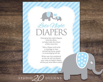 Instant Download Blue Elephant Late Night Diapers, 8x10 Blue Grey Diaper Thoughts, Boy Elephant Baby Shower Decorate Diaper Activity 22C