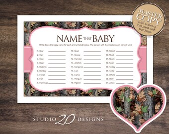 Instant Download Pink Camo Baby Shower Name That Baby Game, Realistic Pink Camouflage Baby Name Game, Girl Camo Theme Baby Shower Game 31D