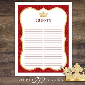 Instant Download Royal Red Prince or Princess Guest List, Gold Glitter ...
