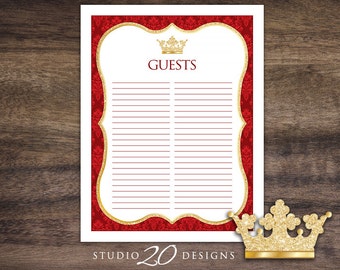 Instant Download Royal Red Prince or Princess Guest List, Gold Glitter Baby Shower Guest Sign In Sheet, Gender Neutral Guest List 66E