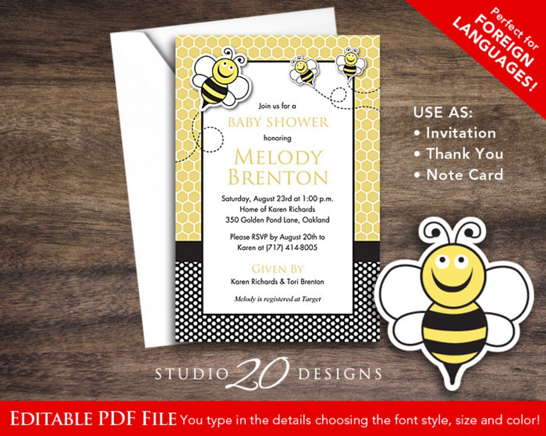 Instant Download Bee Baby Shower Invitations 4x6 Editable Pdf, DIY ...