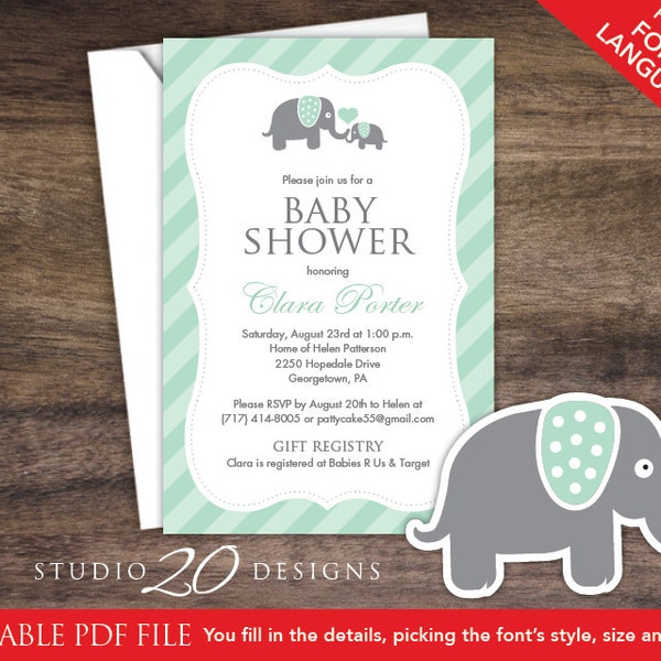 Instant Download Mint Elephant Baby Shower Invitations Editable Pdf, DIY 4x6 Printable Baby Shower Elephant Invites, AUTOFILL enabled 22H