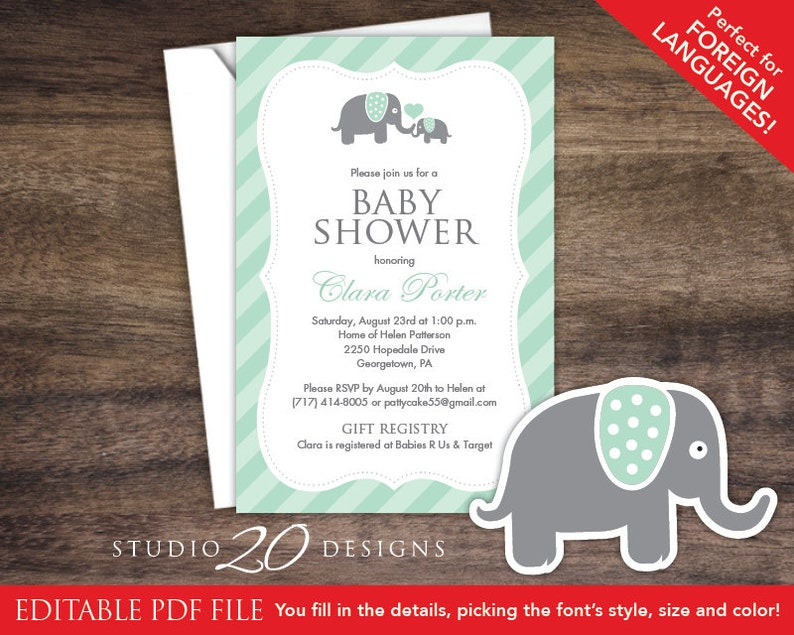 Instant Download Mint Elephant Baby Shower Invitations Editable Pdf, DIY 4x6 Printable Baby Shower Elephant Invites, AUTOFILL enabled 22H image 1