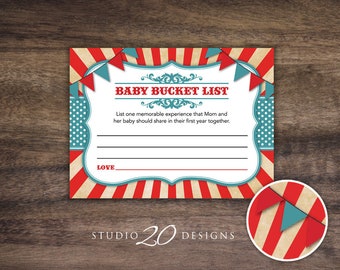 Instant Download Vintage Big Top Circus Bucket List Cards, Retro Red Turquoise Baby Bucket List, Carnival Baby Shower Bucket List 84A