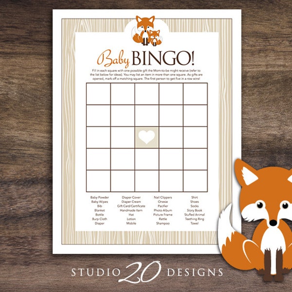 Instant Download Orange Fox Baby Shower Bingo Game, Printable Fox Baby Bingo, Orange Brown Fox Theme Baby Shower Bingo Game 65C
