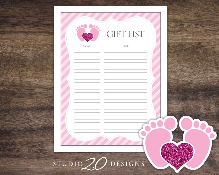 Instant Download Footprint Baby Shower Gift List, Grey Pink Glitter Baby Shower Gift Tracker, Baby Feet Theme Checklist 75A