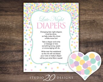 Instant Download Confetti Late Night Diapers, 8x10 Pink Mint Confetti Diaper Thoughts, Pastel Baby Shower Decorate Diaper Activity 78D