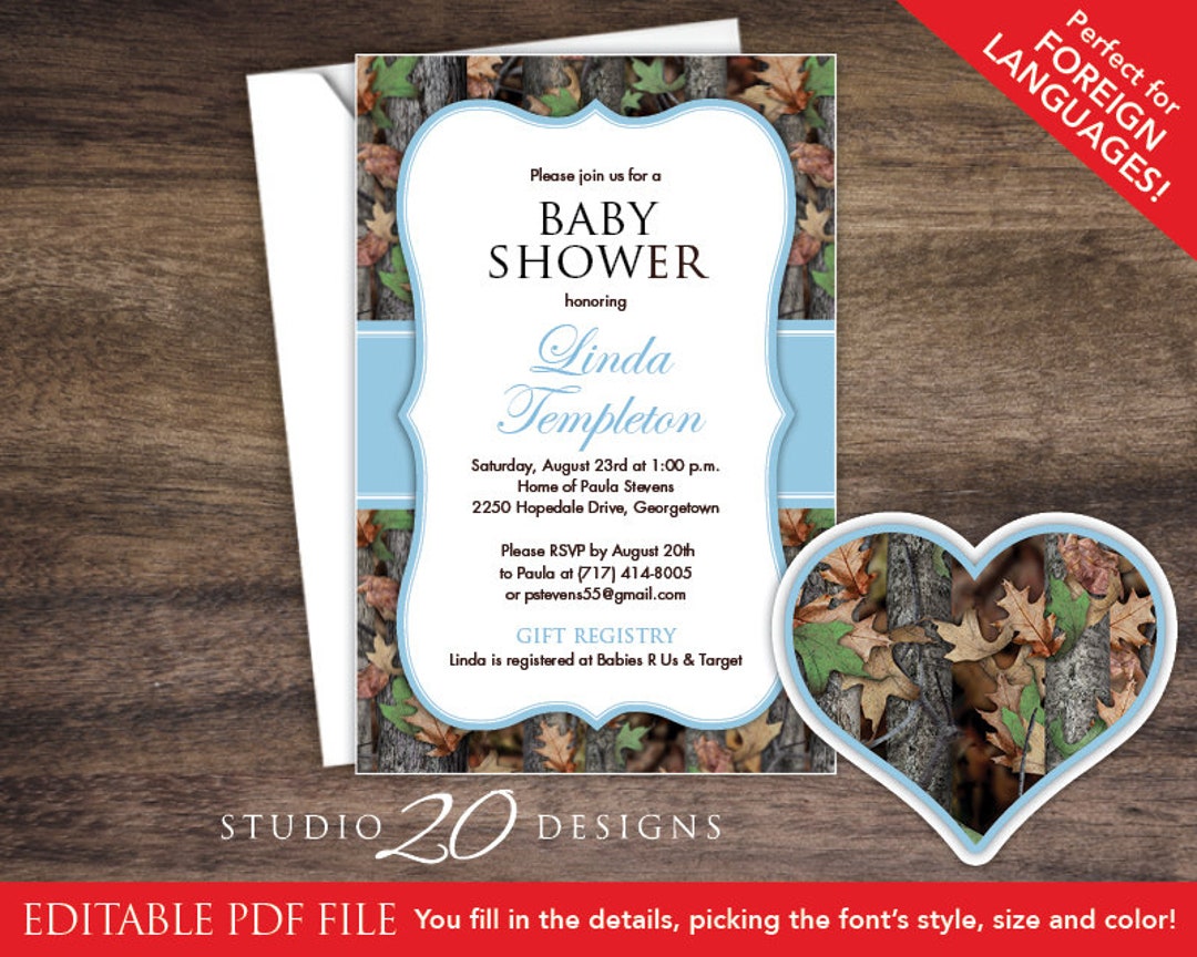 Blue Camo Baby Shower Invitations Editable Pdf, DIY 4x6 Realistic ...