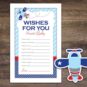 Instant Download Airplane Baby Shower Wishes for Baby Game Cards, Printable Party Sheets for Boy, Blue Red Aviation Polkadot  #37A