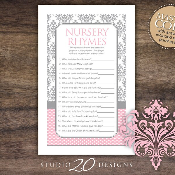 Instant Download Pink Damask Baby Shower Nursery Rhyme Quiz, Grey Pink Nursery Rhymes Game, Pink Damask Baby Shower for Girl #51A