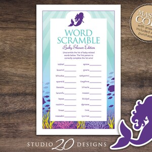Instant Download Little Mermaid Baby Word Scramble Game, Under the Sea Word Scramble, Purple Teal Little Mermaid Theme Baby Shower Games 70A