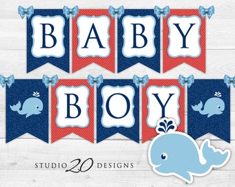 Instant Download Whale Baby Shower Banner, Navy Red Whale Bunting Banner, Whale Pendent Banner, Baby Boy Shower Banner 20D