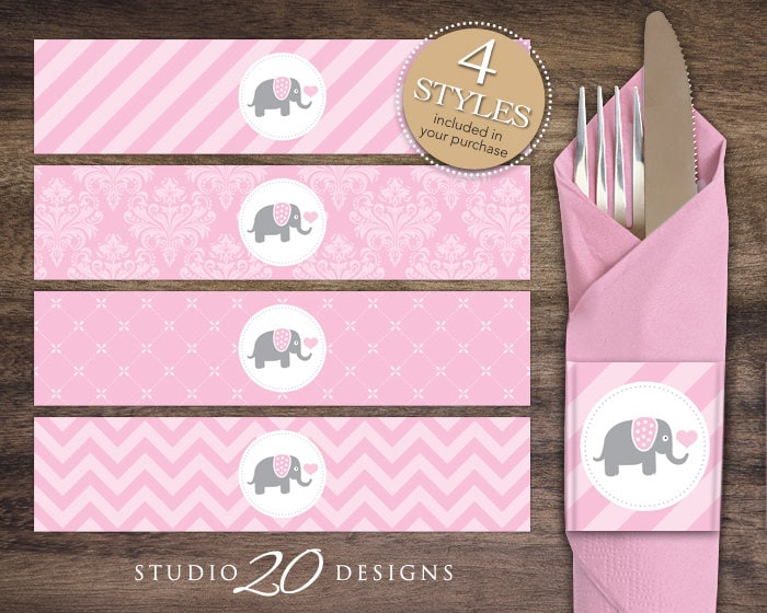 Instant Download Pink Elephant Napkin Rings Printable Elephant Baby Shower Napkin Wraparounds for Baby Girl Pink Napkin Rings
