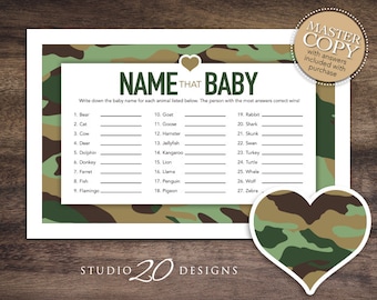 Instant Download Camo Baby Shower Name That Baby Game, Printable Green Military Camouflage Baby Name Game, Camo Theme Baby Shower Game 31B
