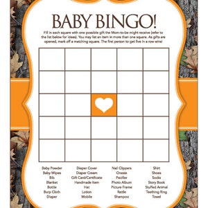 Instant Download Camo Baby Shower Bingo Game, Printable Hunter Orange ...