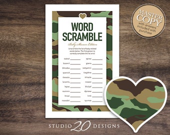 Instant Download Green Camo Baby Word Scramble, Printable Camouflage Word Scramble Game, Baby Shower Camo Word Scramble for Boy #31B