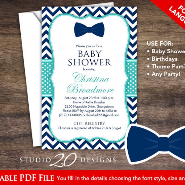 Instant Download 4x6 Bow Tie Baby Shower Invitations Editable Pdf, DIY Printable Turquoise Navy Chevron Invitations, AUTOFILL enabled 79B